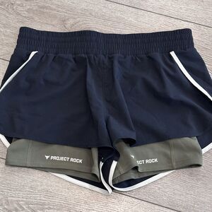 Project Rock Flex Woven Leg Day Shorts Womens Large Black Green Workout 2 In‎ 1